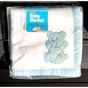 Vtg NOS Triboro Baby Receiving Blanket Blue Teddy Bear Applique Made in USA